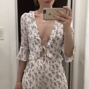 FOR LOVE AND LEMONS Tie Front Cutout Mini Dress in White Floral